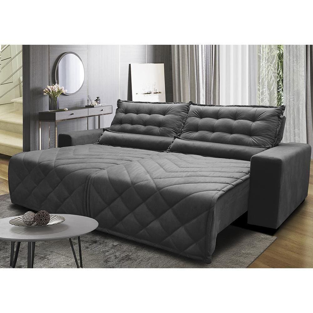 Sofá 2,62m Retrátil E Reclinável Com Molas Cama Inbox Plus Tecido Suede Velusoft Cinza
