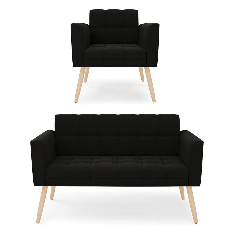 Kit 1 Sofá Namoradeira e 1 Poltrona Elisa Suede Pés Palito Natural - D`Rossi