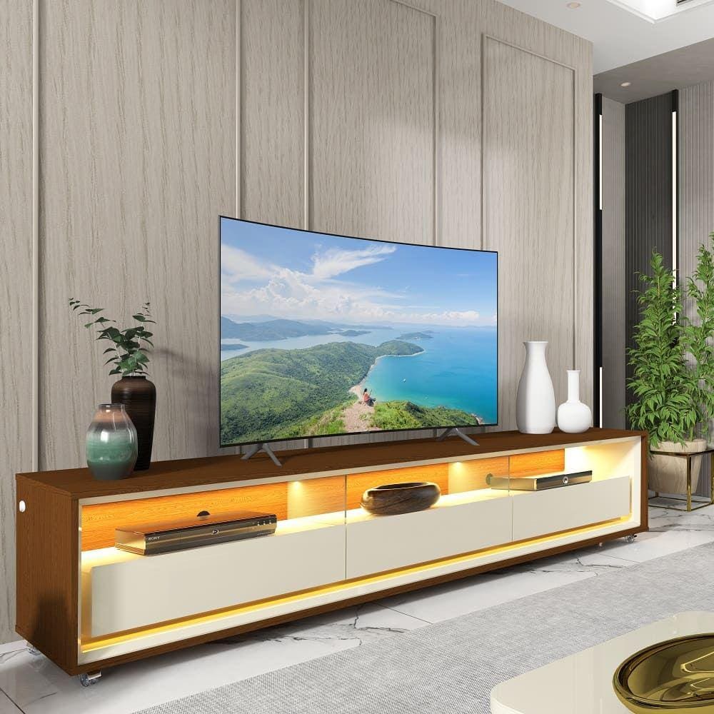 Rack para TV Requinte 212 com LED Rodízios Castanho Off White - Gelius