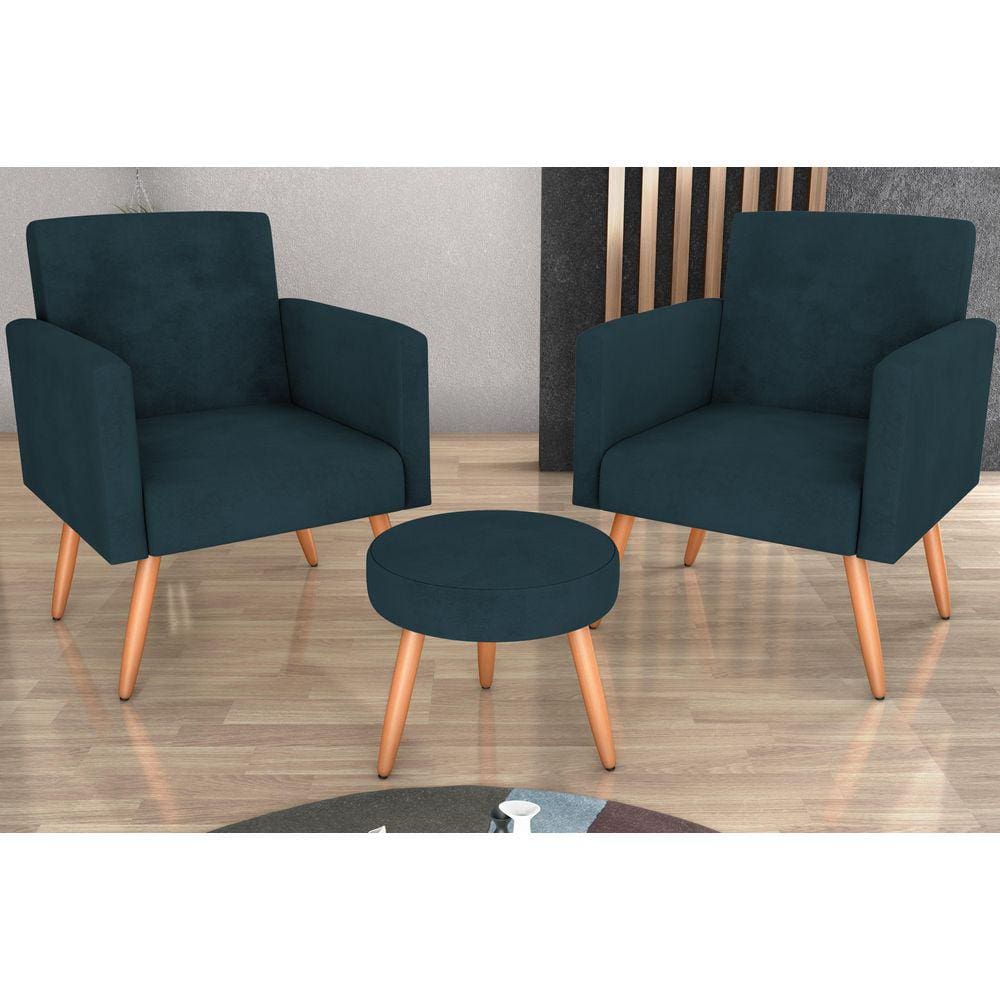 Kit 2 Poltronas + Puff Dallas Suede Petroleo B257 - Matrix