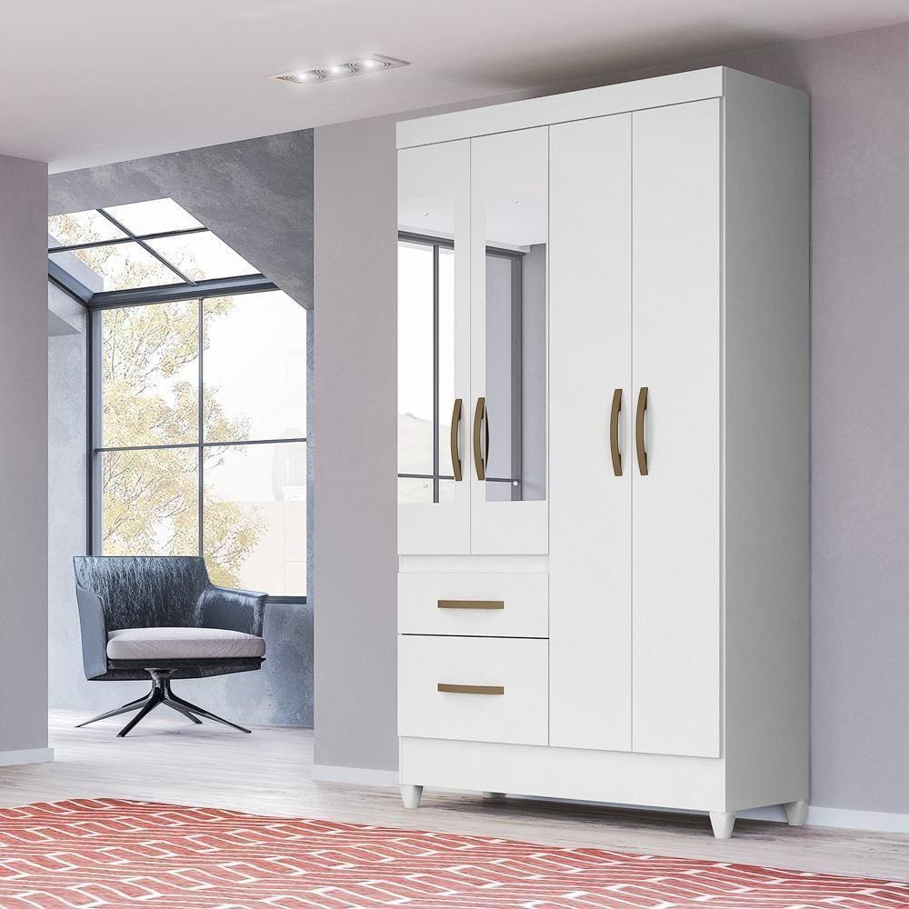 Guarda Roupa Solteiro 4 Portas Com Espelho 2 Gavetas- Branco / Rosa / Azul / Lilas Flex Branco