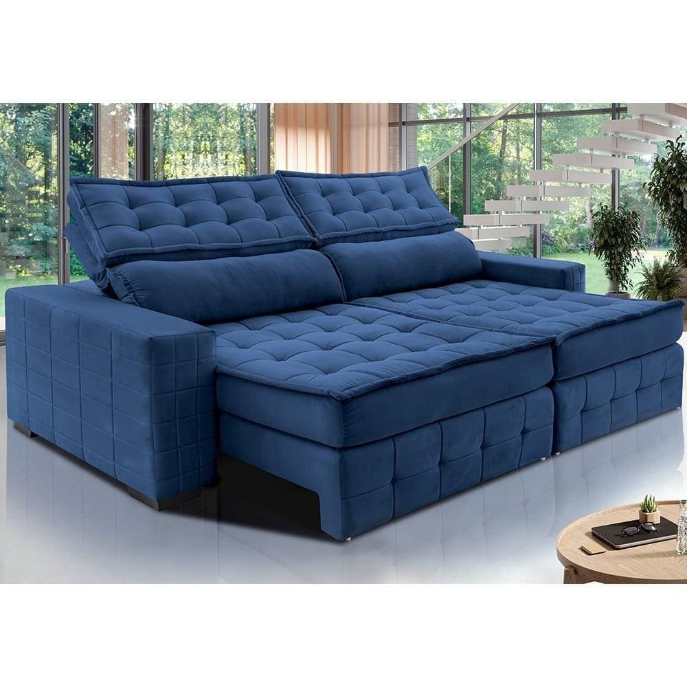 Sofá Retrátil E Reclinável 3,15M Cama Inbox Big Puffer Com Softgel D40 Velupluma Azul
