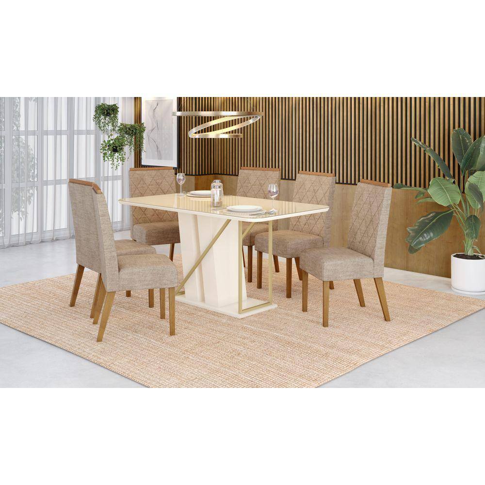 Mesa de Jantar Andy 160 C. Vidro 6 Cad. Nina Creme - Henn
