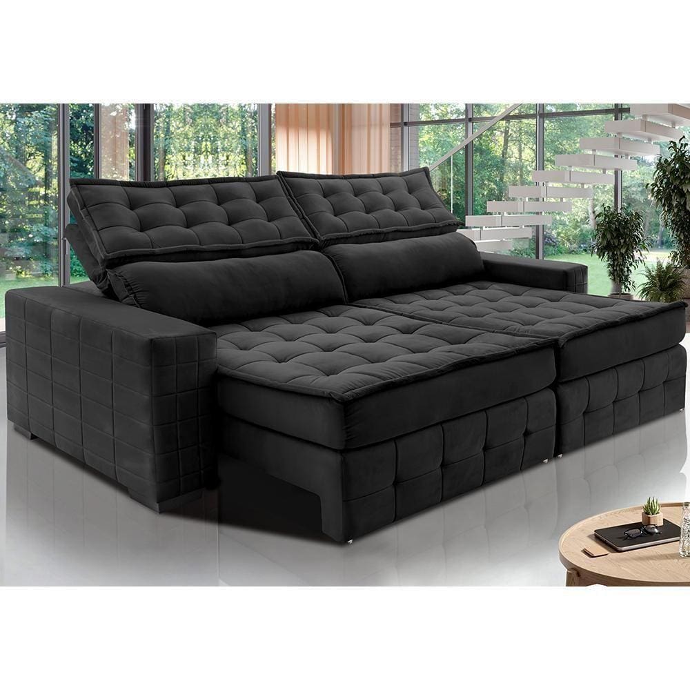 Sofá Retrátil E Reclinável 2,35M Cama Inbox Big Puffer Com Softgel D40 Velupluma Preto