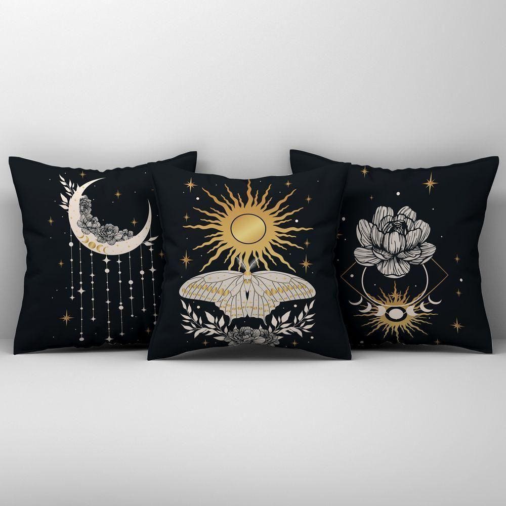 Kit Trio De Almofadas Cheias Fases Da Lua Estampadas Em Veludo Suede 45cm X 45cm Cor Preto