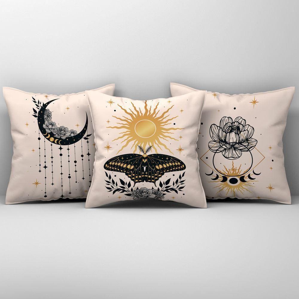 Kit Trio De Almofadas Cheias Fases Da Lua Estampadas Em Veludo Suede 45cm X 45cm Cor Bege