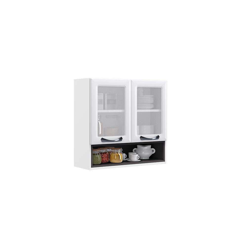 armário aéreo new premium com nicho e vidro 2 pt branco e grafite