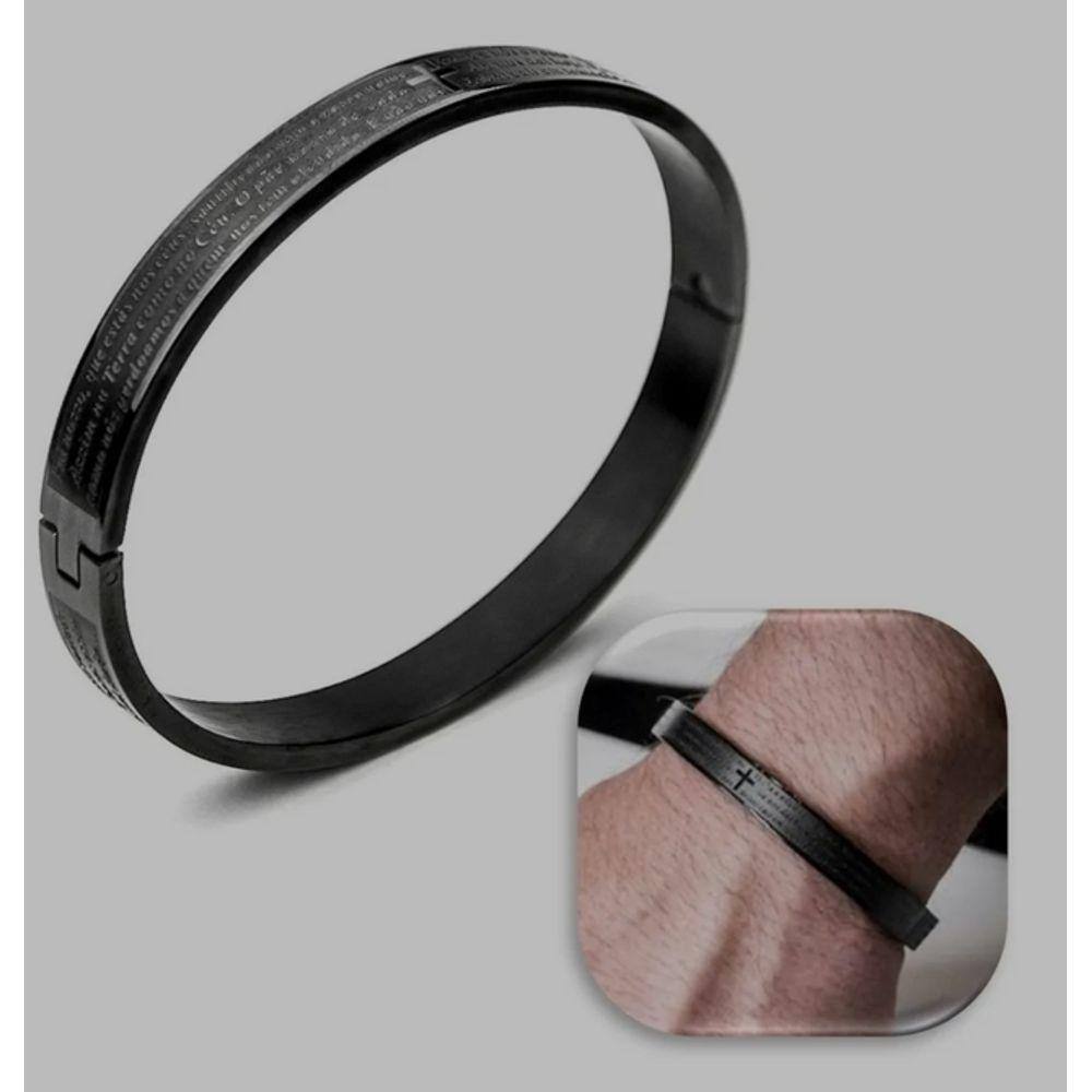 Pulseira Bracelete Religiosa Oração Pai Nosso Aço Inox 316L Inoxidável Masculino e Feminino Prata Dourado Preto Luxo