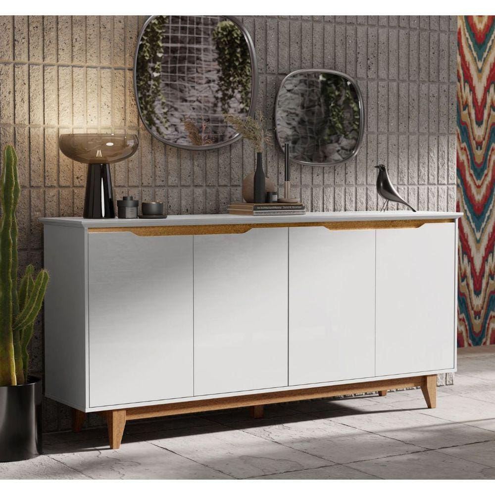 Aparador Buffet Sala Flow 4 Portas com Pés de Madeira Branco com Freijó - Rede Móveis