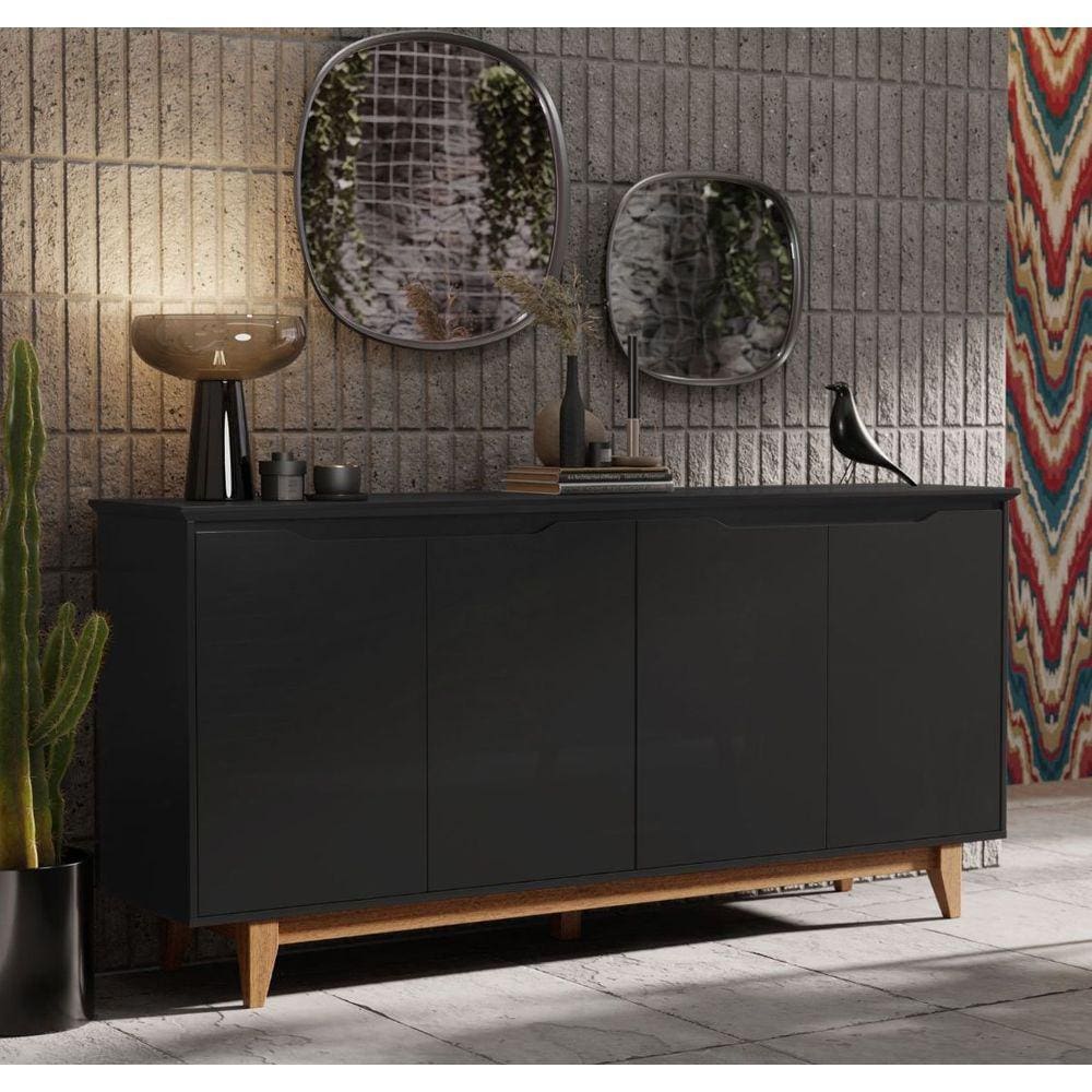 Aparador Buffet Sala Flow 4 Portas com Pés de Madeira Preto - Rede Móveis
