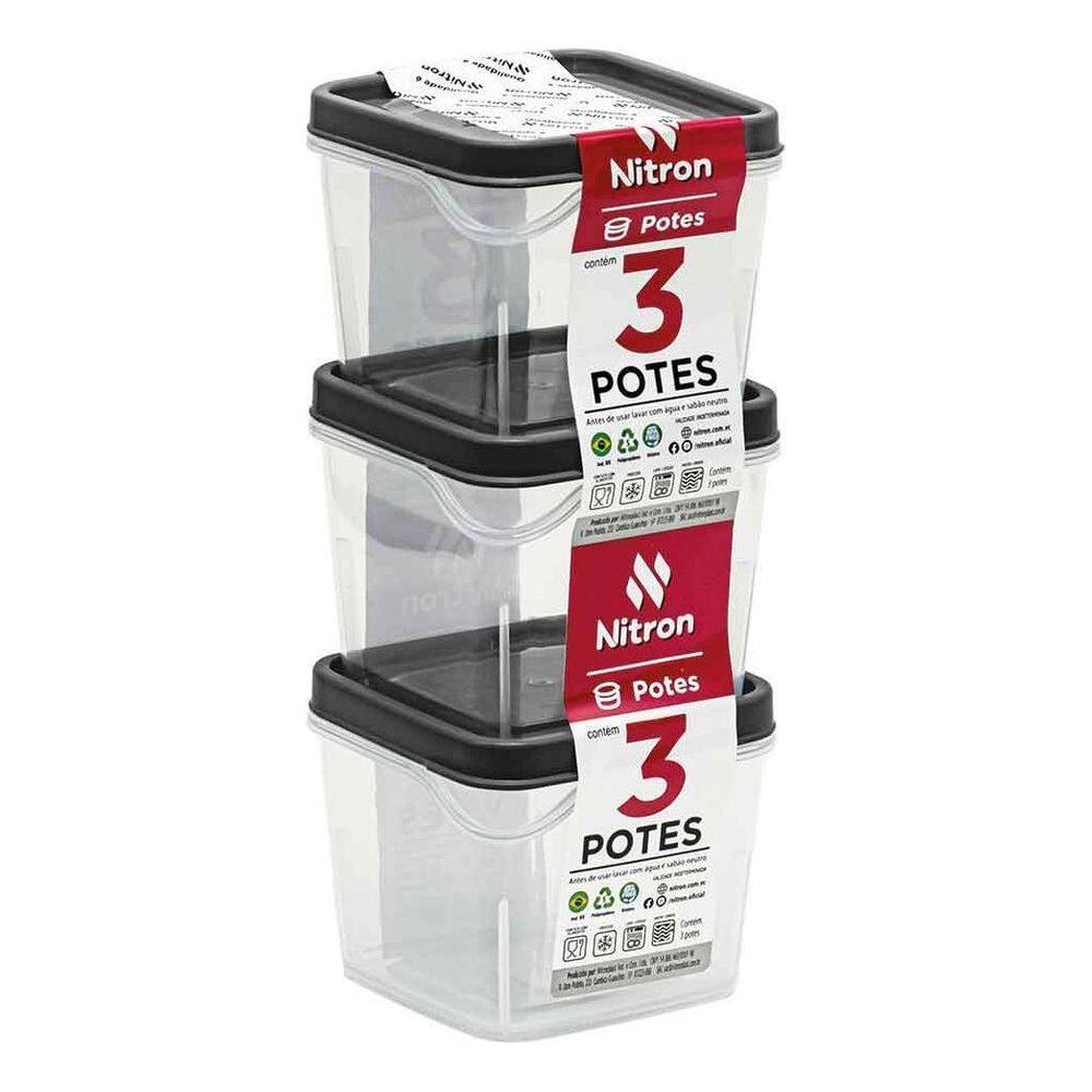 Conjuntos 3 Potes Modulares Quadrados P 450Ml Preto Bpa Free