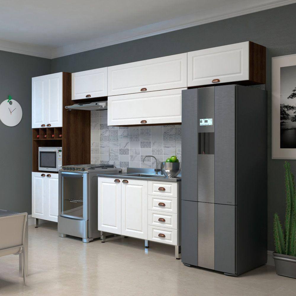 Armário De Cozinha Compacta 5 Peças Sem Tampo Com Espaço Para Forno Safira Luciane Móveis Nogueira Dourado Com Branco Pet