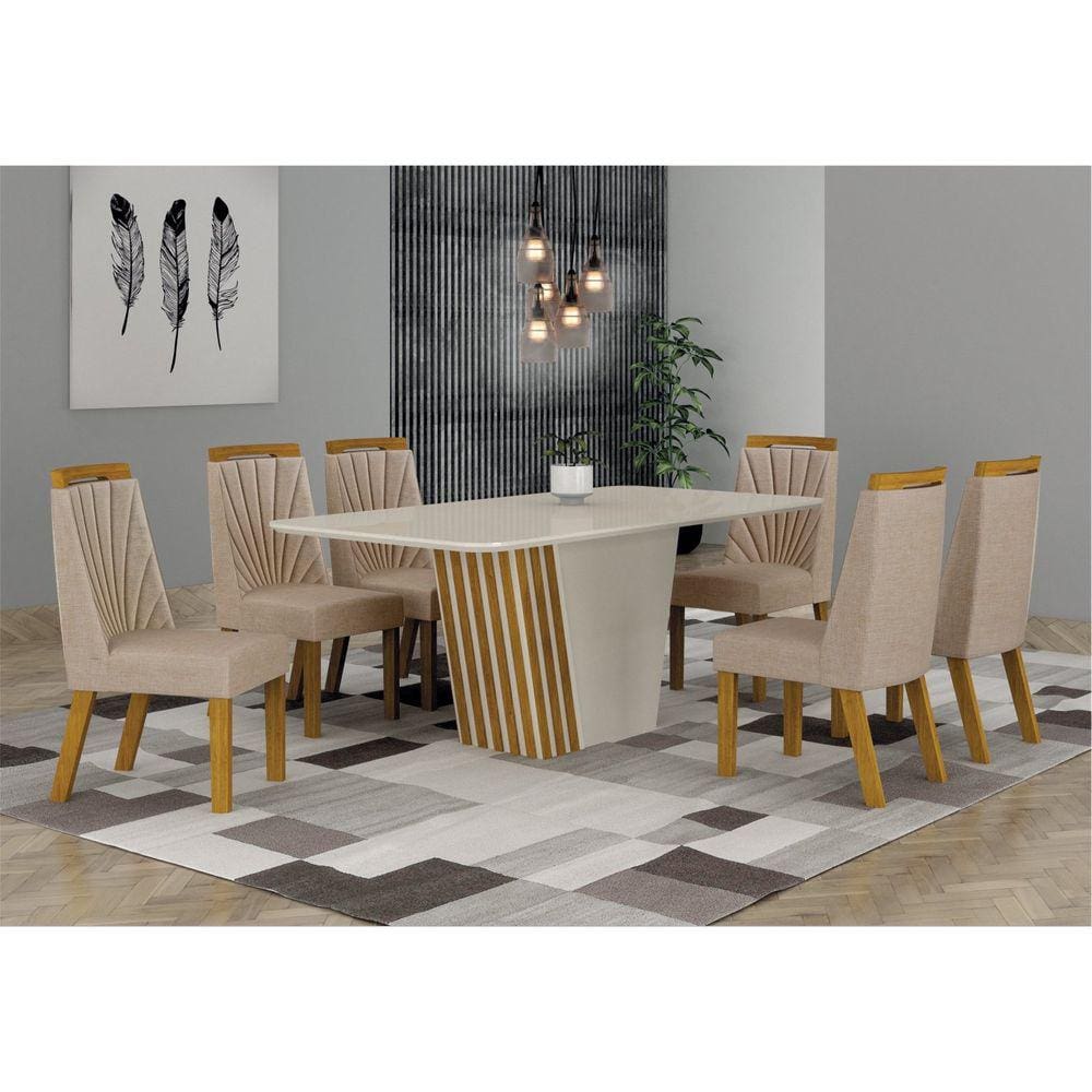 Conjunto Sala de Jantar Mesa 1,80 com 6 Cadeiras Liz Off/freijo/off-palha