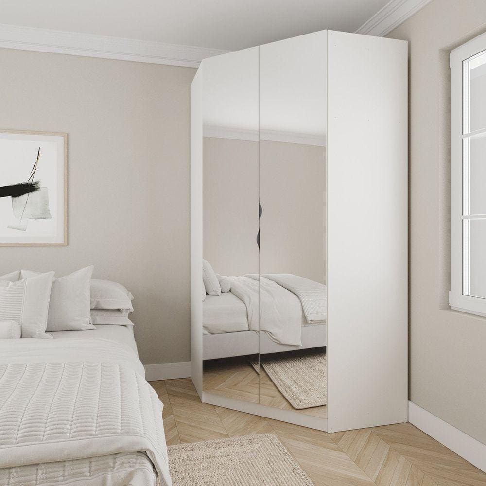 Guarda Roupa de Canto Closet com 6 Prateleiras e Portas de Espelho Modular Hera Cabecasa Madeiramade Branco Geada