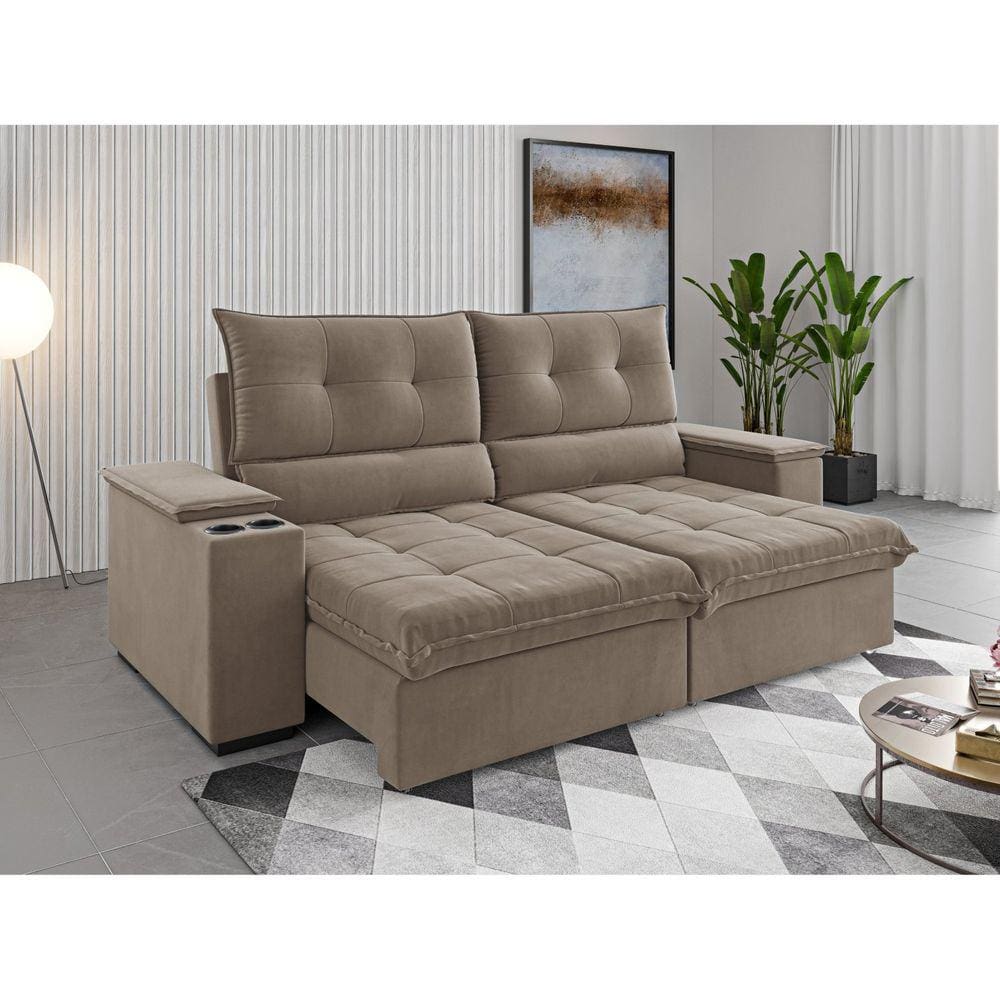 Sofá 230cm 4 Lugares Horus Bipartido Retrátil e Reclinável com Porta Copos Pérola
