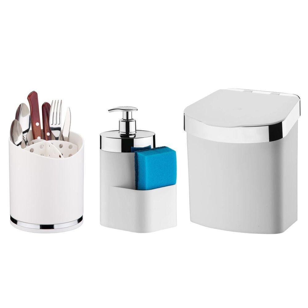 Kit Lixeira 2,5L Dispenser Porta Detergente Esponja Escorredor Talheres De Pia Branco Cromado - Future