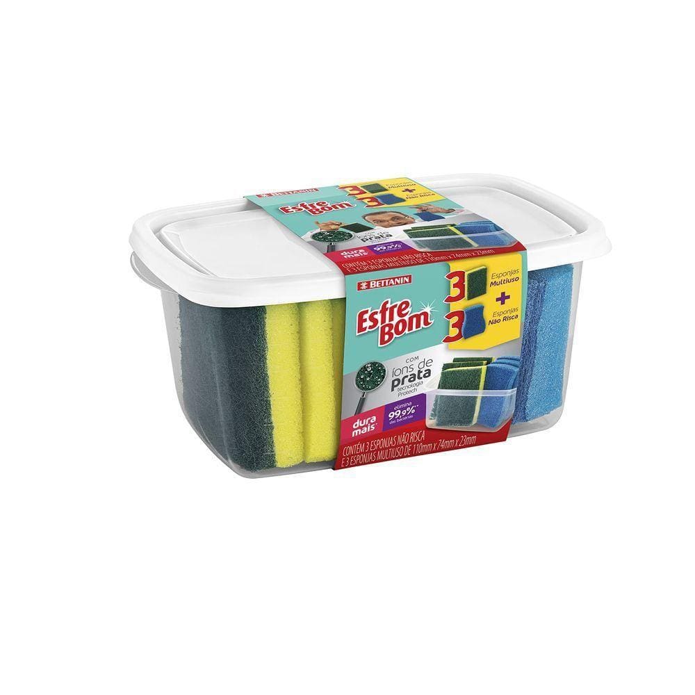 Pack De Esponjas Abrasivas Com Pote Branco Esfrebom 6un - Bettanin