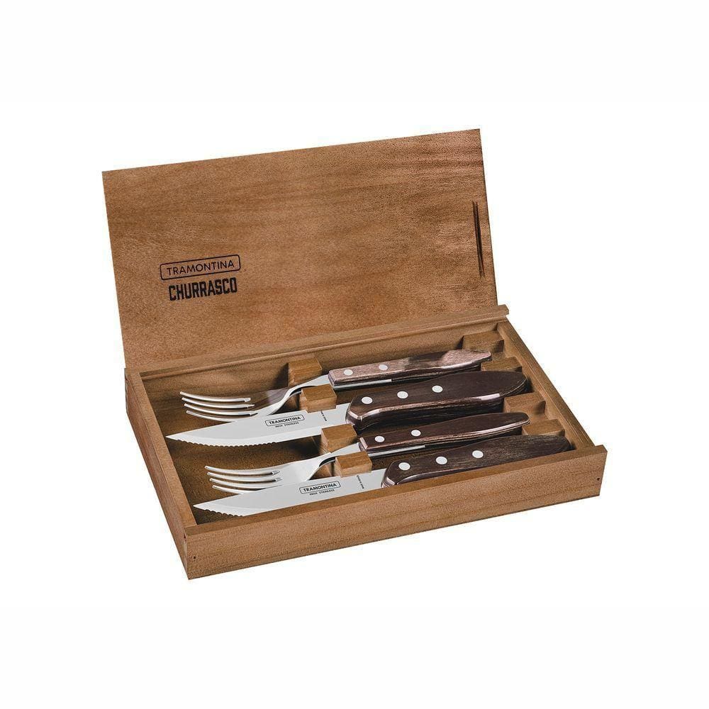 Conjunto De Talheres Para Churrasco Em Aço Inox Jumbo 5\" Polywood Castanho 4pçs - Tramontina