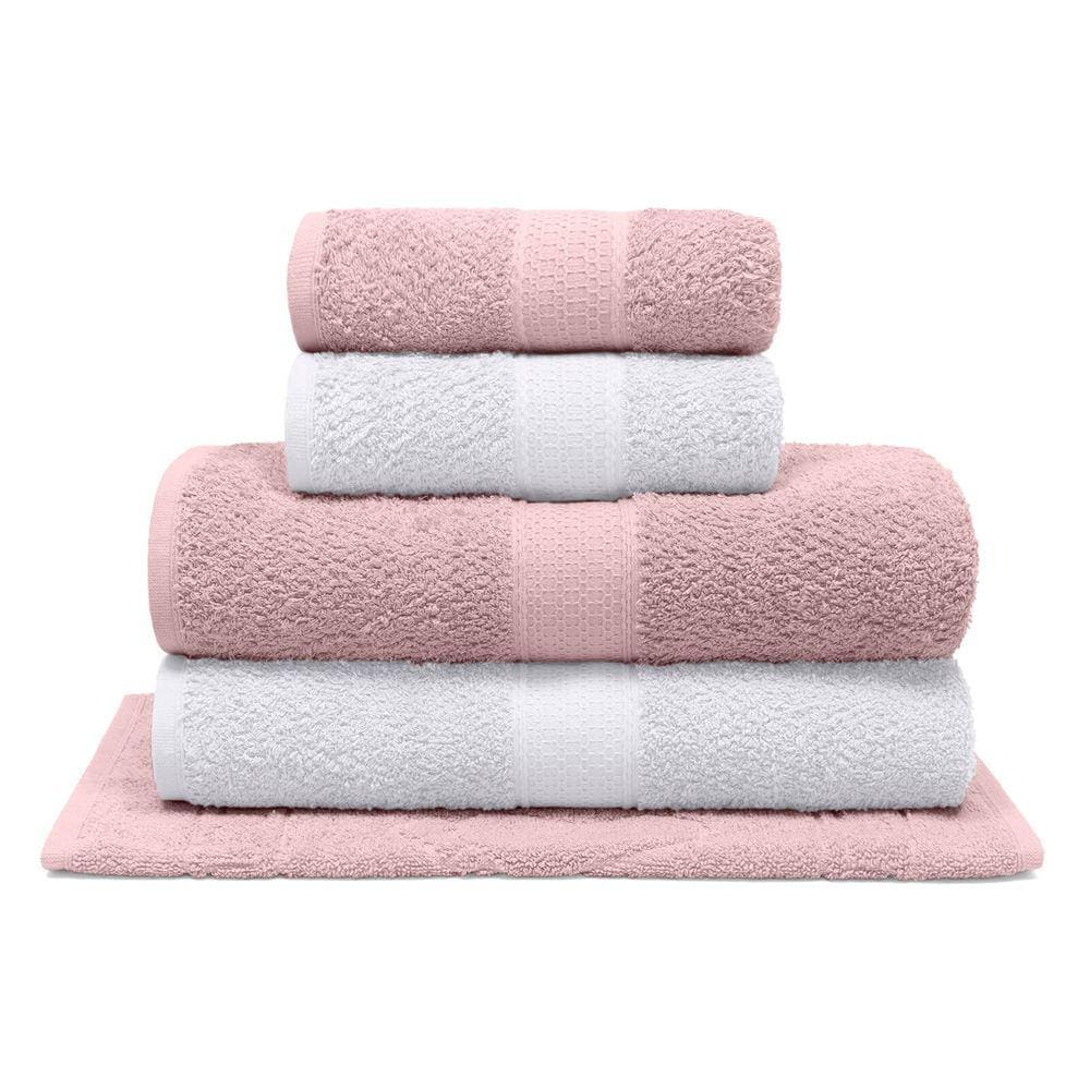 Jogo de Banho Bouton Natural Rosa/Branco 5Pçs(2 Toalhas de Banho + 2 Toalhas de Rosto + 1 Piso)