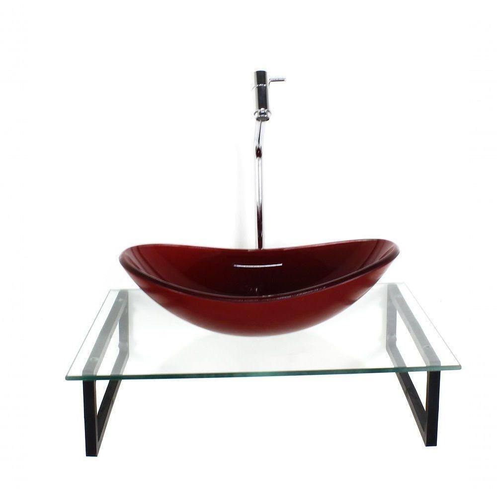 Kit Cuba De Vidro Vermelho Tampo + Suporte Torneira Valvula
