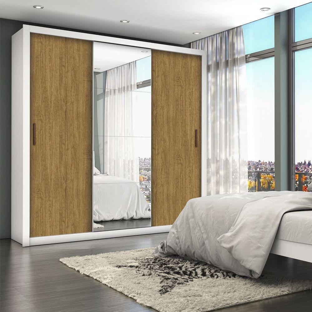 Guarda-roupa Casal 4 Espelhos 3 Portas de Correr 4 Gavetas Max Plus Espresso Móveis Branco Cinamomo