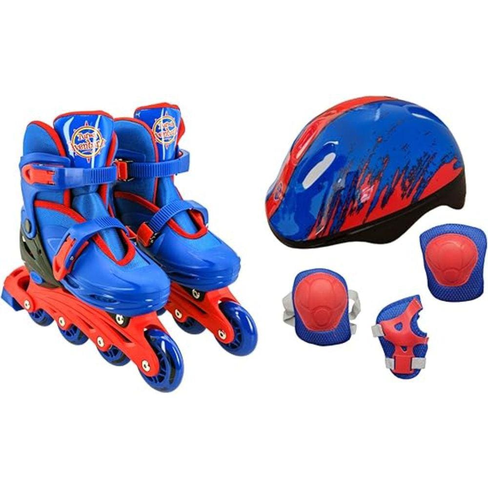 Patins 4 rodas Inline Azul Menino 30 ao 33 com kit de proteção infantil e capacete Uni Toys