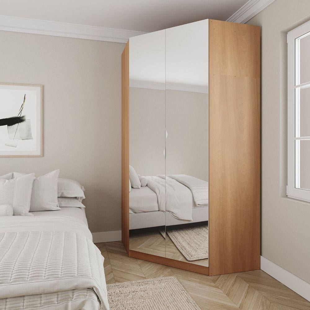 Guarda Roupa de Canto Closet com 6 Prateleiras e Portas de Espelho Modular Hera Cabecasa Madeiramade Louro/Branco Geada