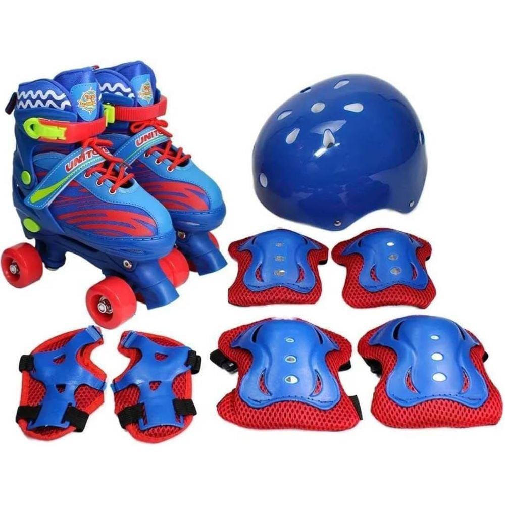 Patins com kit de proteção joelheira cotoveleira capacete tamanho P 30 ao 33 Azul Uni Toys