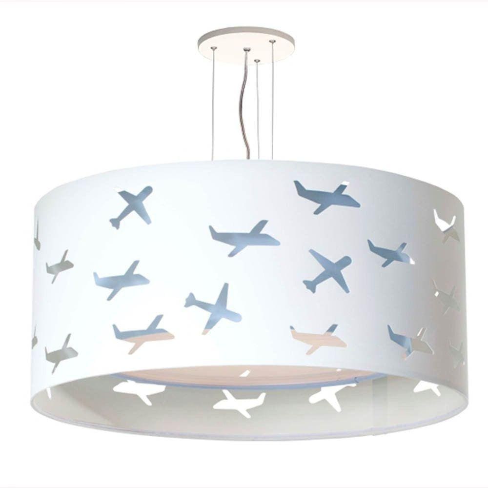 Lustre Infantil Pendente Aviões Duplo 40x16cm Azul/Branco