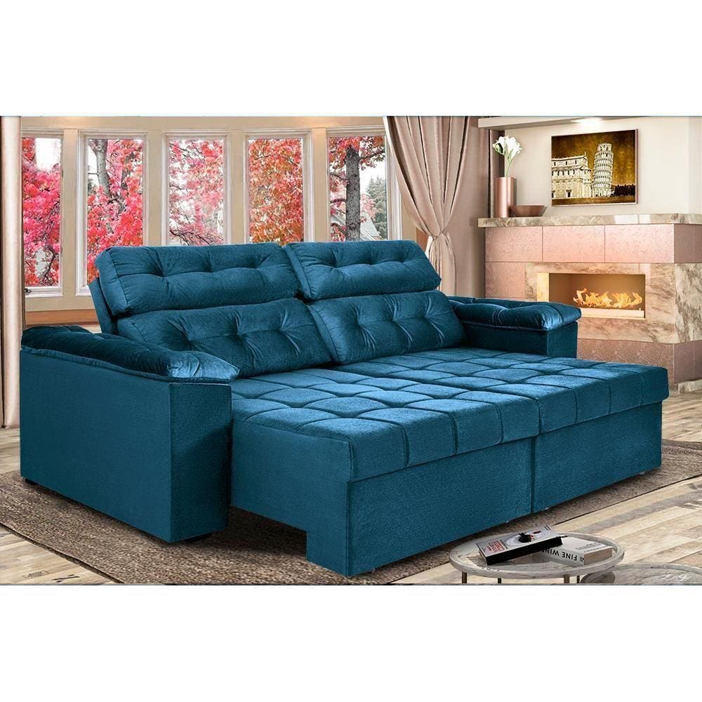Sofá New Itália 2,52m Retrátil E Reclinável Tecido Suede Azul - Cama Inbox