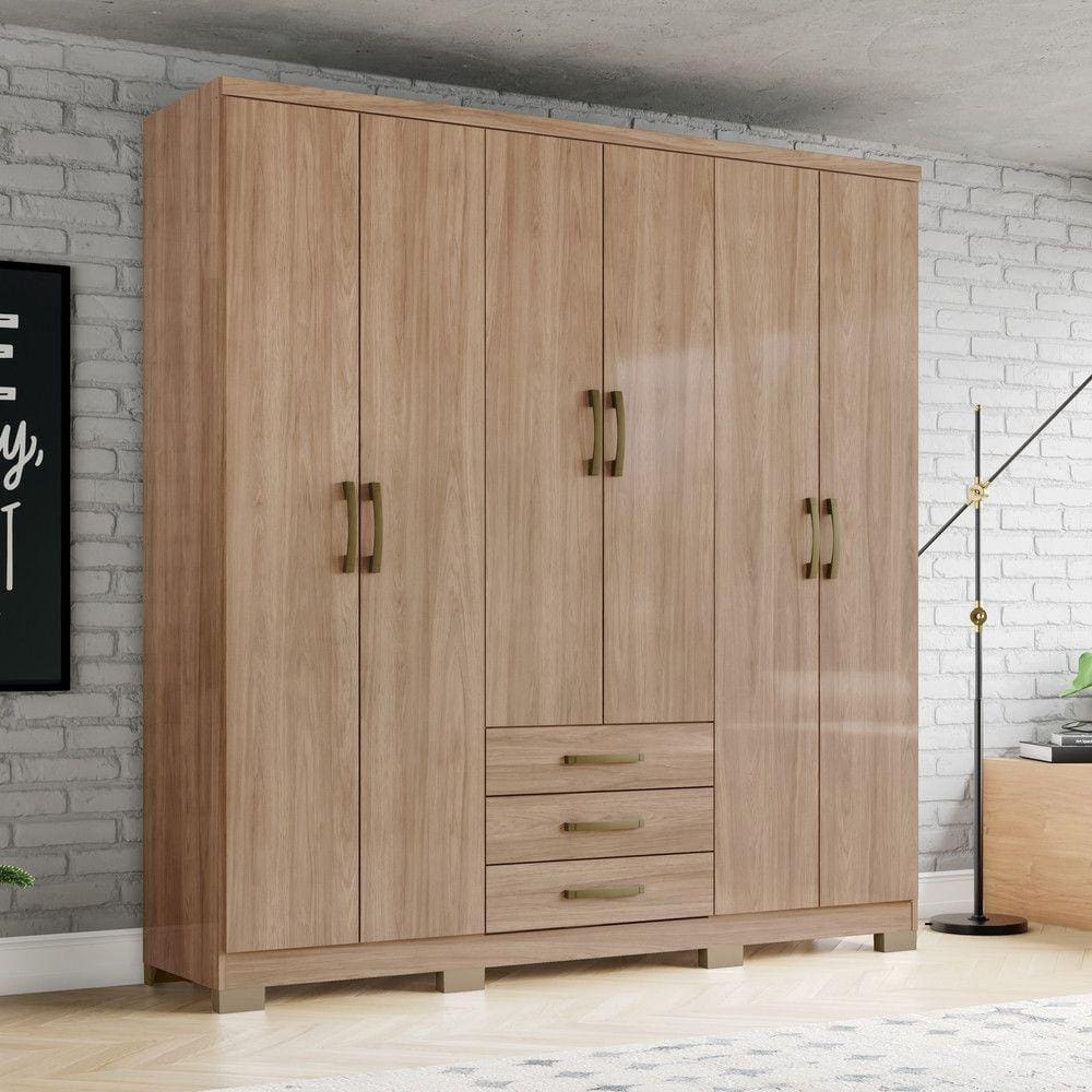 Guarda Roupa 6 Portas 3 Gavetas Caju Henn Jequitibá Brilho