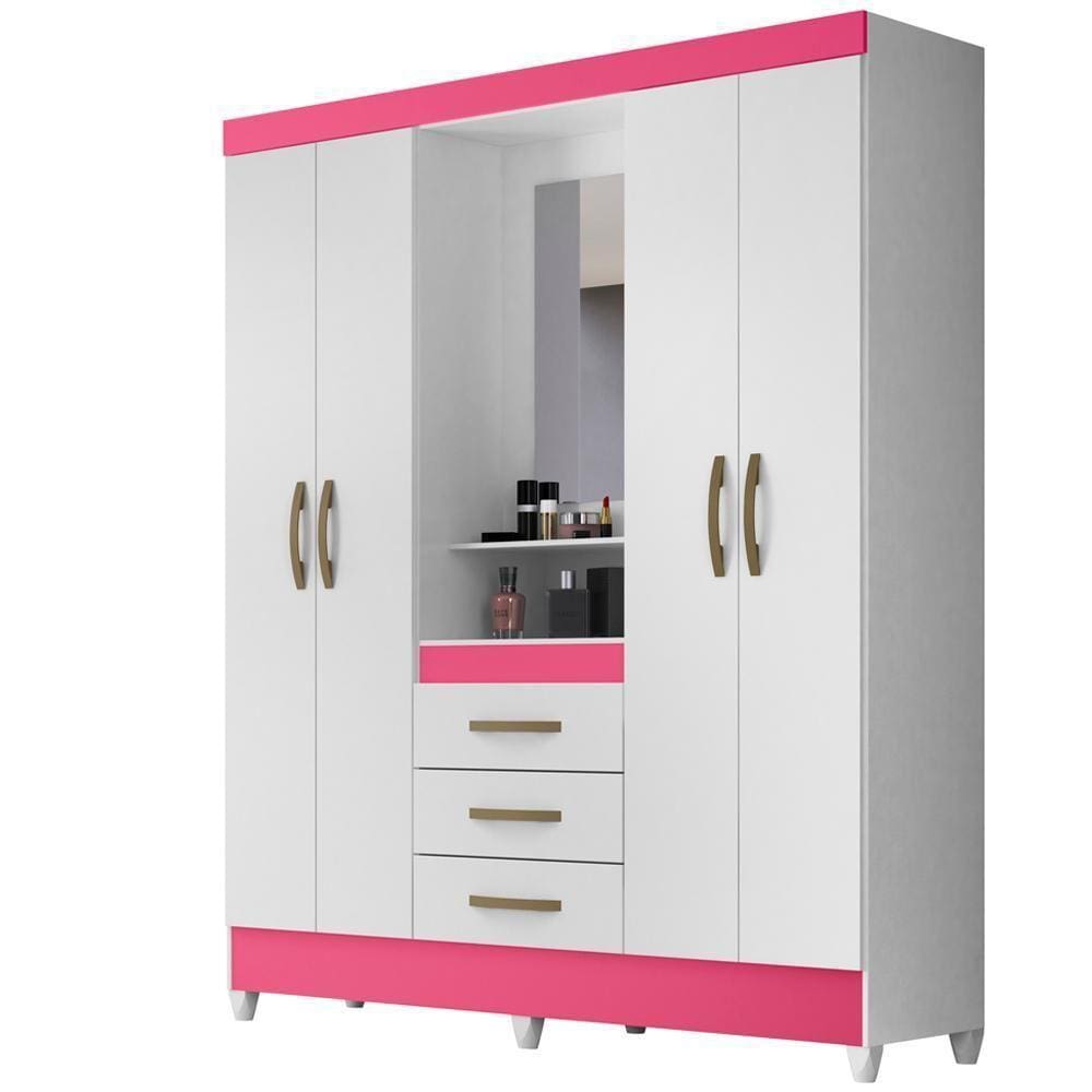 Guarda Roupa 4 Portas Com Espelho 8314 Branco Rosa Moval Branco Rosa
