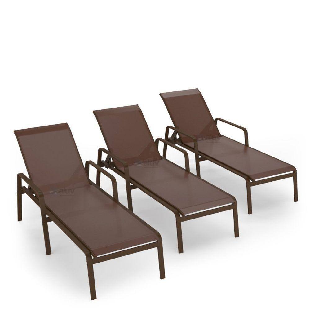 Kit 3 Espreguiçadeira Piscina Alumínio Marrom Tela Marrom