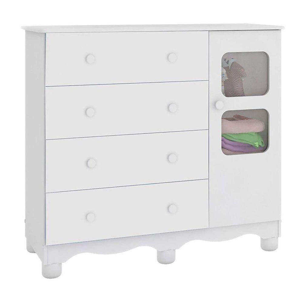 Cômoda Infantil 1 Porta Com Janela 4 Gavetas Peroba Branco Brilho Branco Brilho