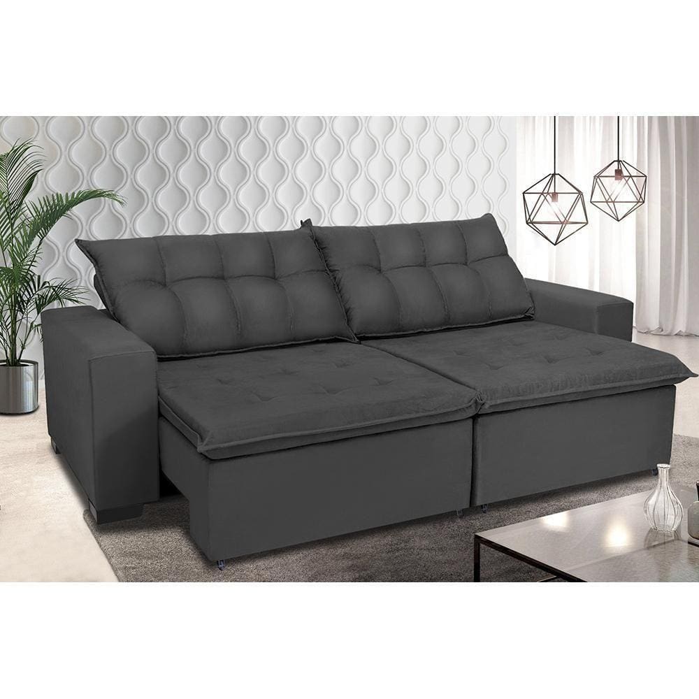 Sofá Retrátil E Reclinavel Oklahoma 2,52 Mts Com Molas E Pillow No Assento Tecido Suede Cinza