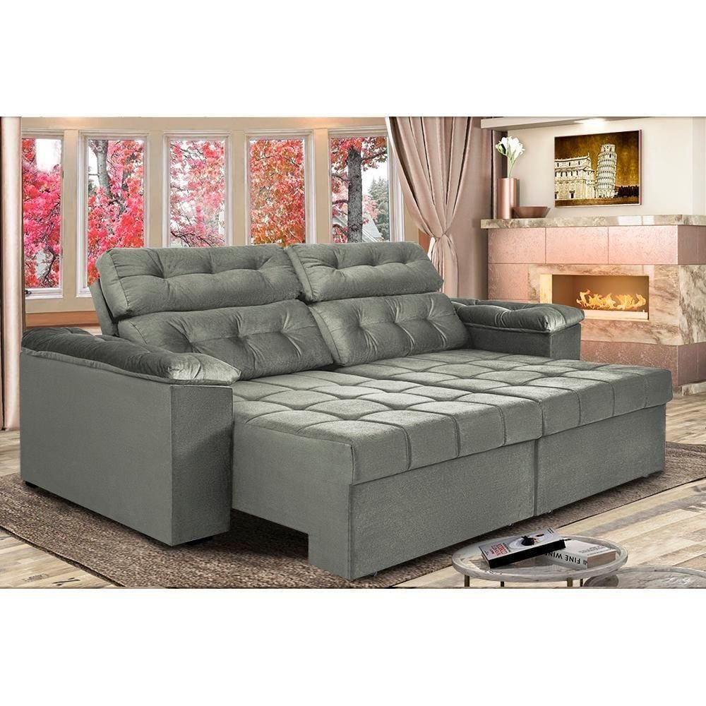 Sofá New Itália 2,72 Mts Retrátil E Reclinável Tecido Suede Cinza - Cama Inbox