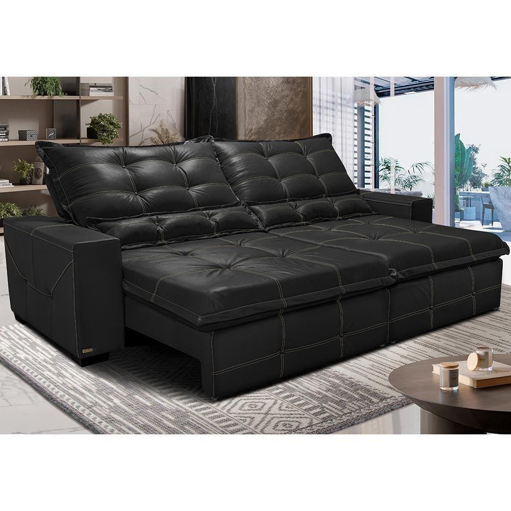 Sofá De Courino Retrátil E Reclinável 2,15m Cama Inbox Bourbon SoftgelD40 Preto