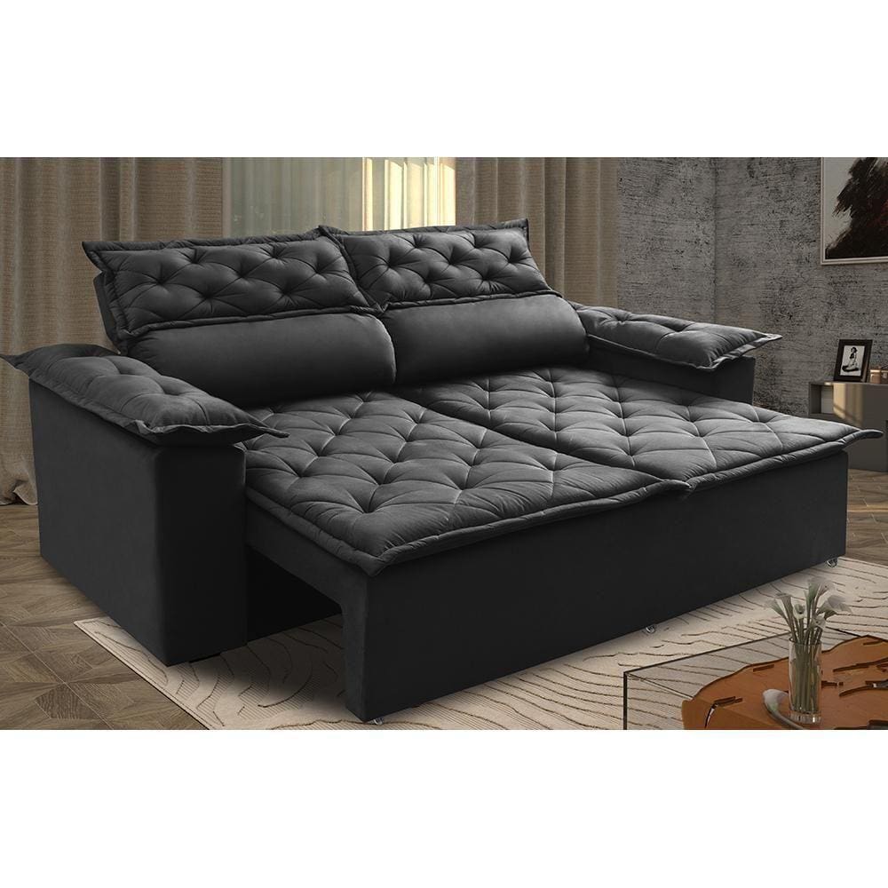 Sofá Retrátil E Reclinável Cama Inbox Compact 1,50m Tecido Suede Velusoft Preto
