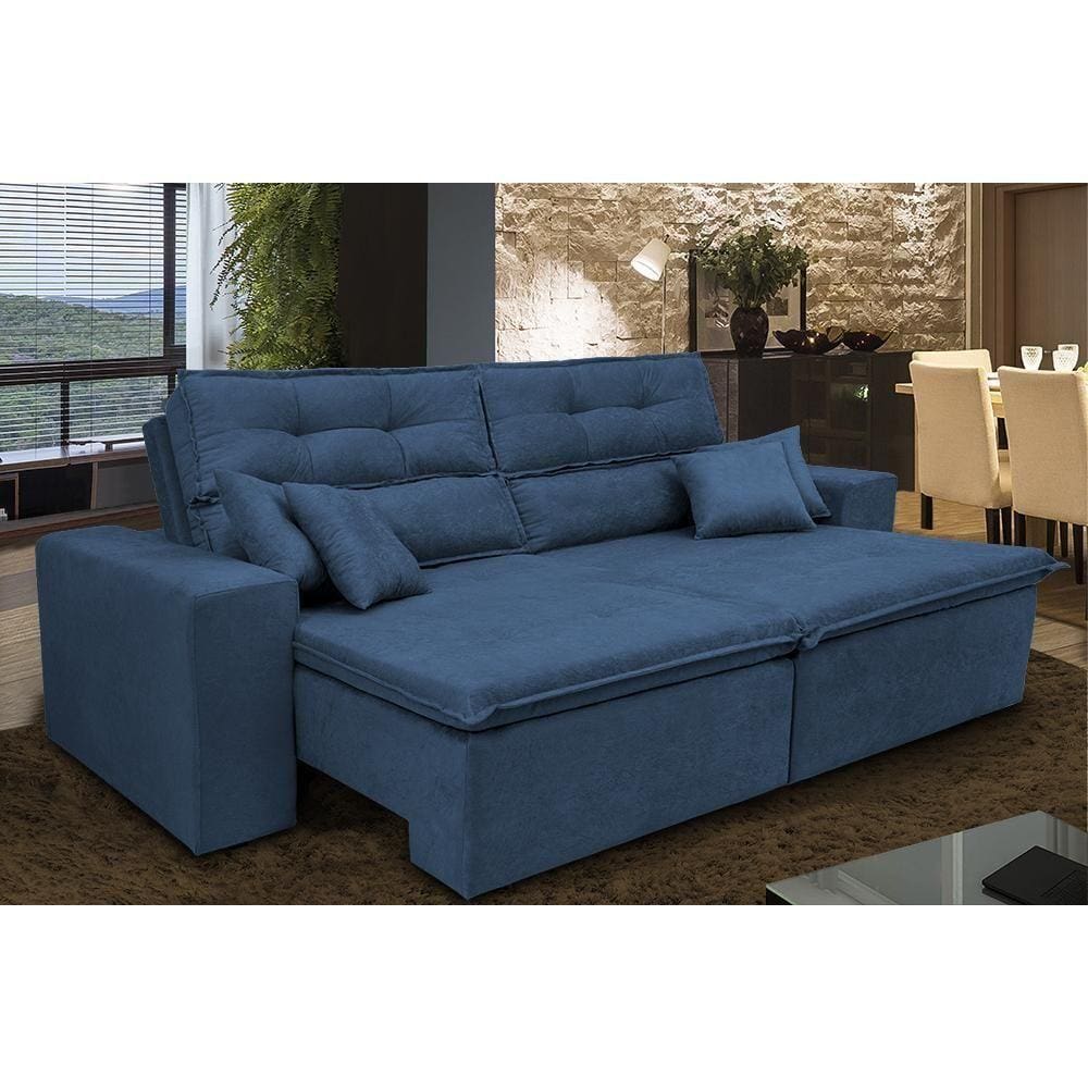 Sofá Cairo 2,52m Retrátil, Reclinável Tecido Suede Azul