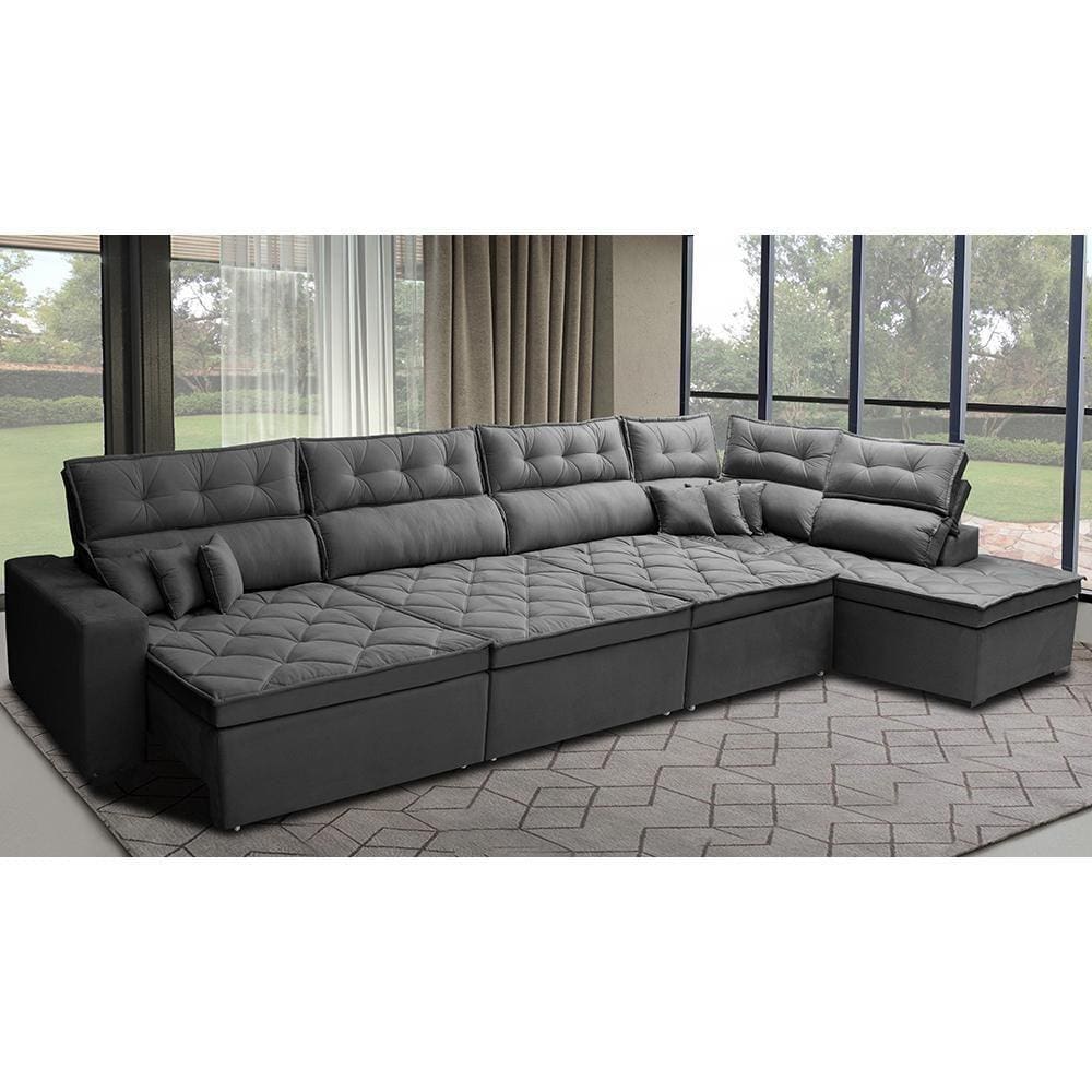 Sofá De Canto 4,80x2,36m Retrátil E Reclinável Com Molas Cama Inbox Platinum Direito Suede Cinza