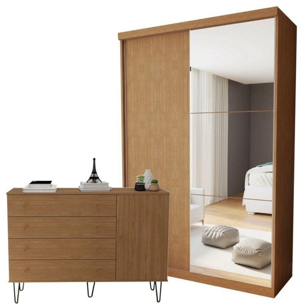 Conjunto Guarda-Roupa Solteiro 2 Portas de Correr e Cômoda 1 Porta 4 Gavetas Carvalho