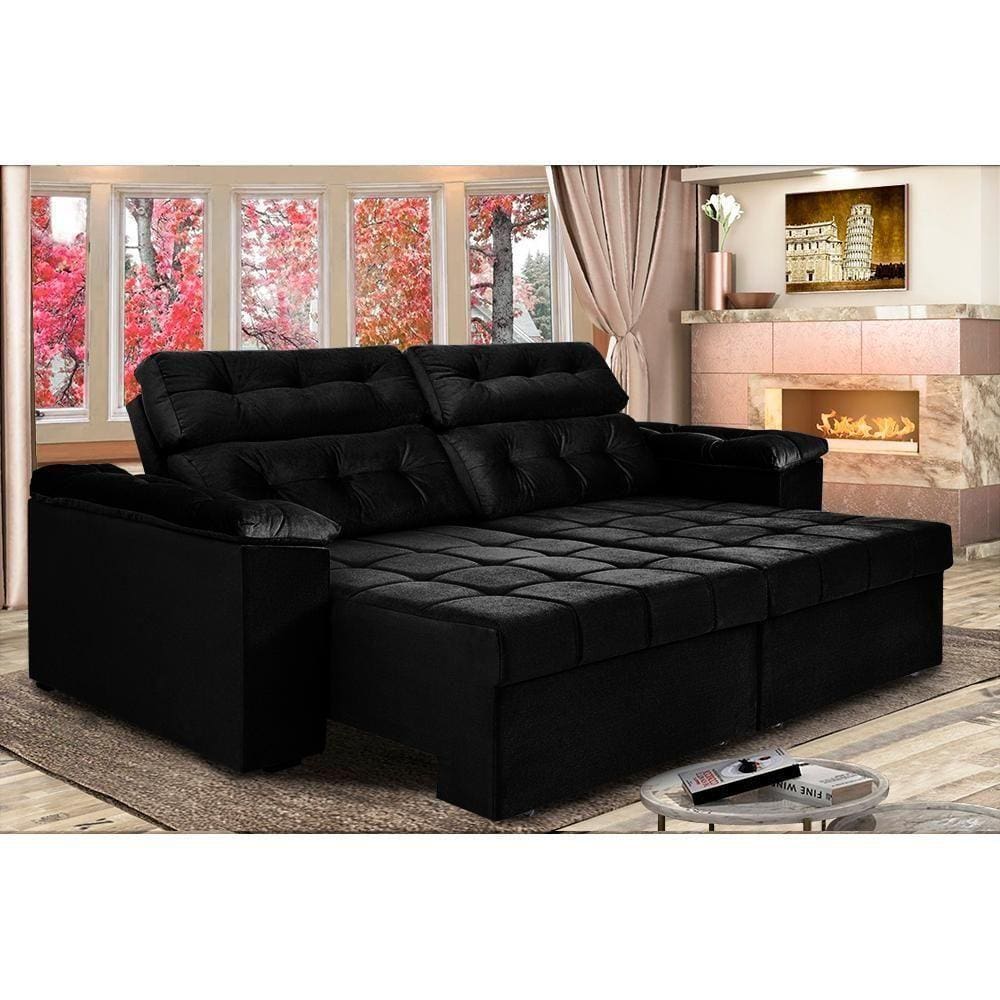Sofá New Itália 2,52 Mts Retrátil E Reclinável Tecido Suede Preto- Cama Inbox