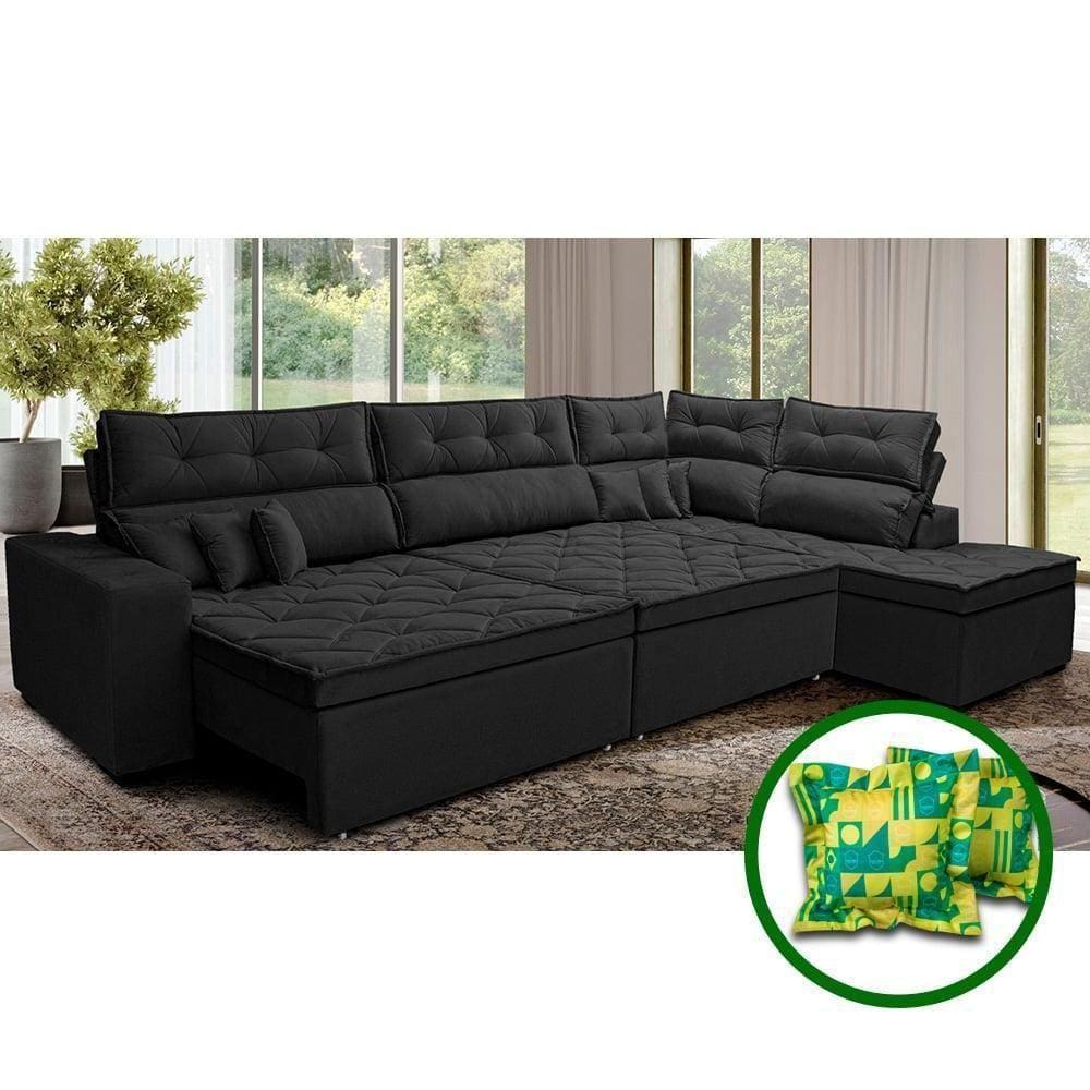Sofá De Canto Retrátil E Reclinável Direito 3,40x2,36m Molas Cama Inbox Espanha Velusoft Preto