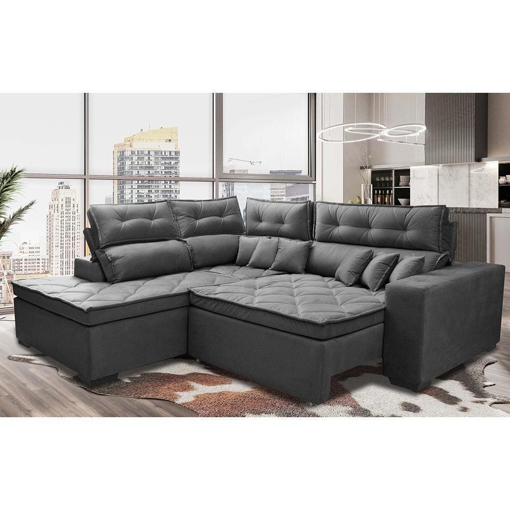 Sofá De Canto 2,60x2,36m Retrátil E Reclinável Com Molas Cama Inbox Platinum Esquerdo Suede Cinza