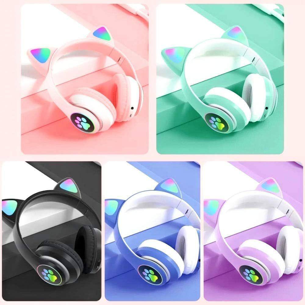 Fone de Ouvido Infantil Bluetooth Orelha Gato com Patas Led Para Crianças