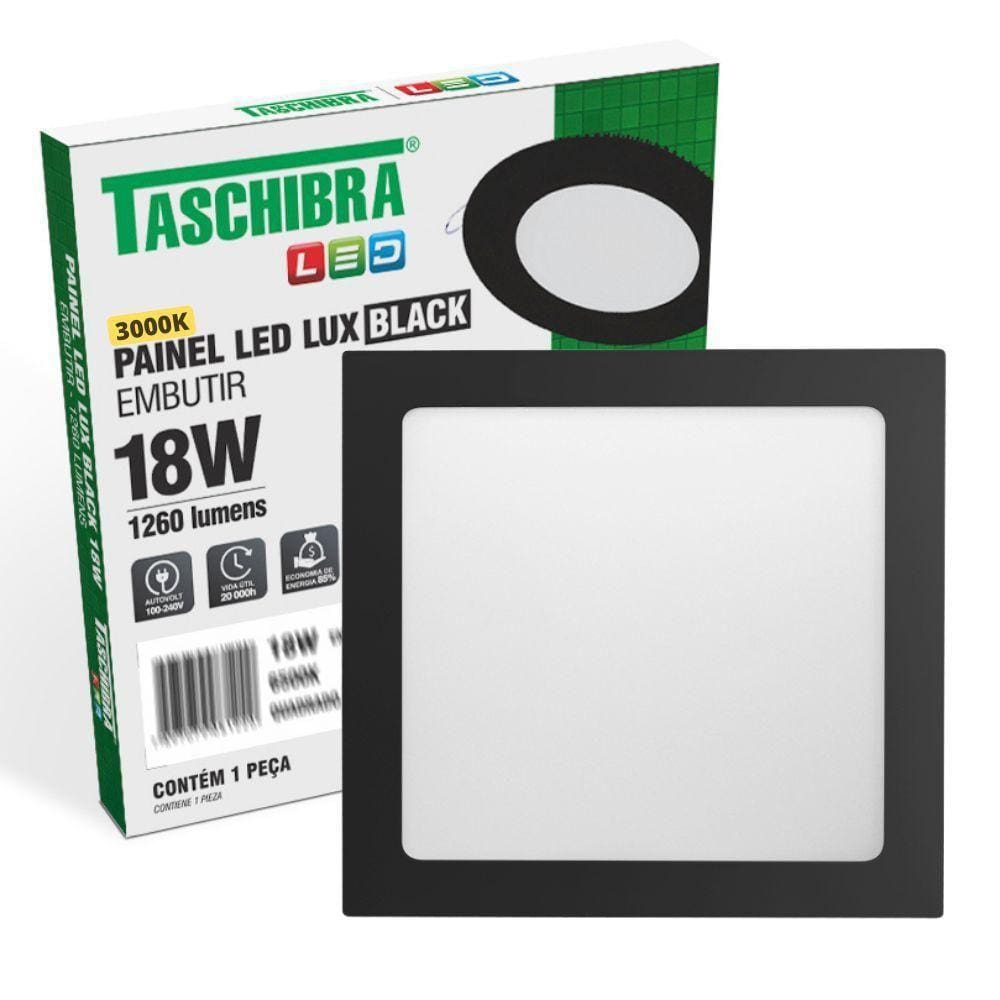 Painel De Led Quadrado Embutir 18w Preto Bivolt Taschibra 3000k Luz Quente