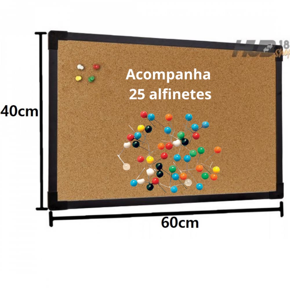 Quadro De Aviso Cortica MDF Preto 60X40cm Stalo +25 Alfinete