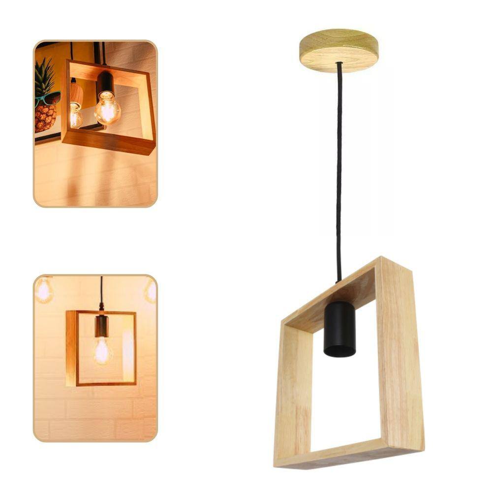 Lustre Pendente Rústico Formato Quadro Em Madeira Canopla Regulável 1,20M Para Teto Fio PP Bocal Soquete E27 Bivolt