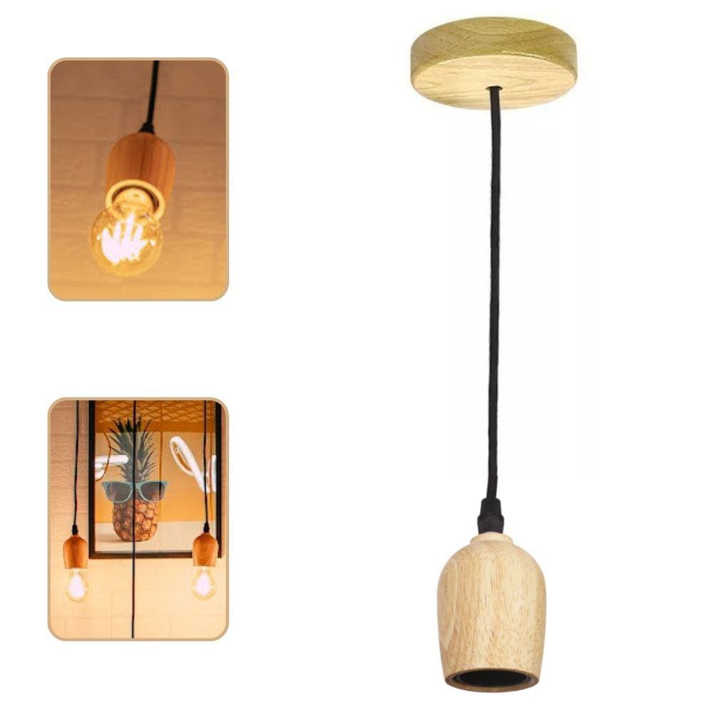 2 Lustres Pendentes Rústicos Redondo Oval Em Madeira Tampa Canopla Regulável 1,20M Para Teto Fio PP Soquete E27 Bivolt