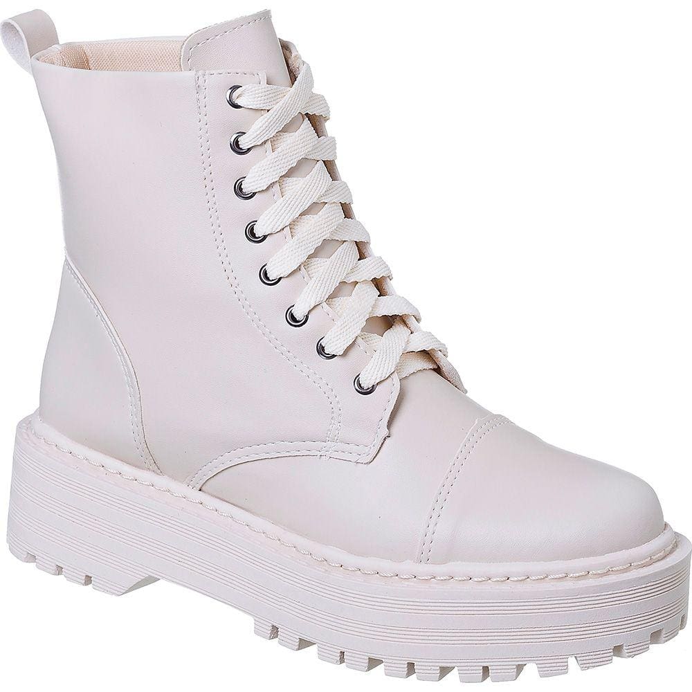 Coturno Feminino Blogueira Militar Tratorado Plataforma Confort Bota com costura Branca na Sola